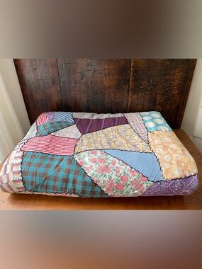 Vintage Hand-Stitched Scrappy Crazy Quilt Vibrant Patchwork Heirloom